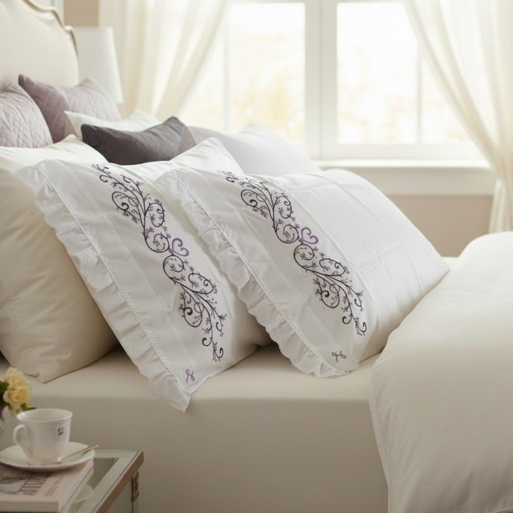 Haifangtex Floral Vine Embroidery Pillowcase Set Eyelet Trim White Cottagecore